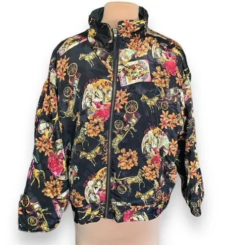 Vintage 90s Sport Jacket Black Yellow Zip Front Windbreaker Floral Equestrian Black Size undefined