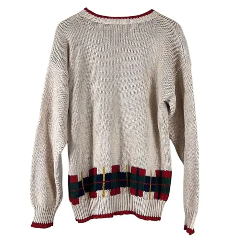 Vintage Chic Sweater Womens M Cream Plaid Hem Open Knit Holiday Ramie Preppy 90s Size M