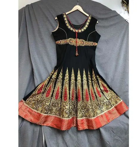 Womens Black Red Gold Anarkali Dress Sleeveless Embroidery Round Neck Size M