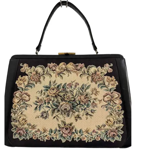 Vintage RichCraft Floral Tapestry Top Handle Handbag 1950s–1960s Black