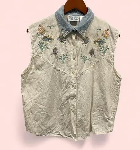 Cute vintage 80’s cotton chambray pearl collar beaded sequin fishies blouse 🐠🐟🐡 Blue Size XL