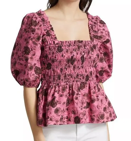 Ganni Floral Printed Pink Cotton Poplin Blouse sz 36 US 4