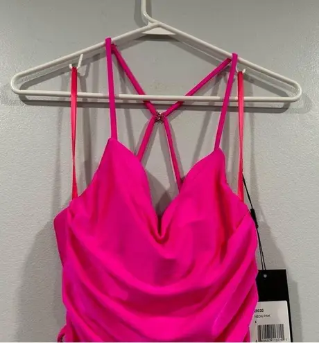 La Femme  29020 Strappy Back Bodycon Maxi Gown Dress Neon Pink Size 4