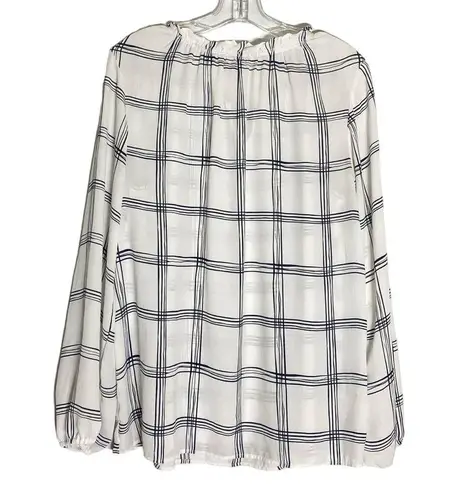 Loft  Women's Tops Ruffle Tie-Neck White Blue Windowpane Dress Blouse L