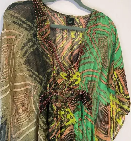 ACE Fashion Kaftan Beaded Green Geometric Print Boho Chiffon Size Medium