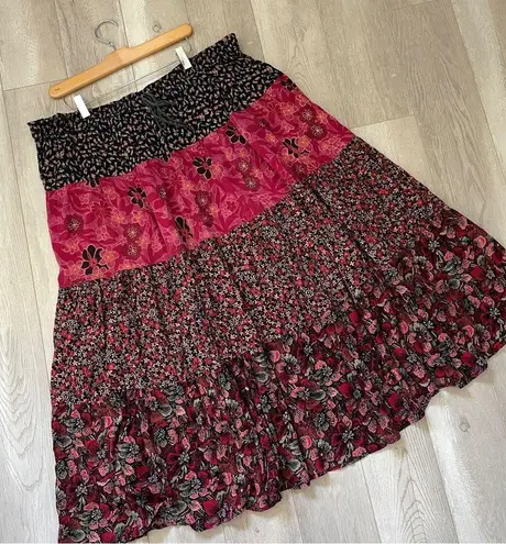 Vintage Patchwork Skirt floral tiered womens Pink (large) bohemian hippie summer