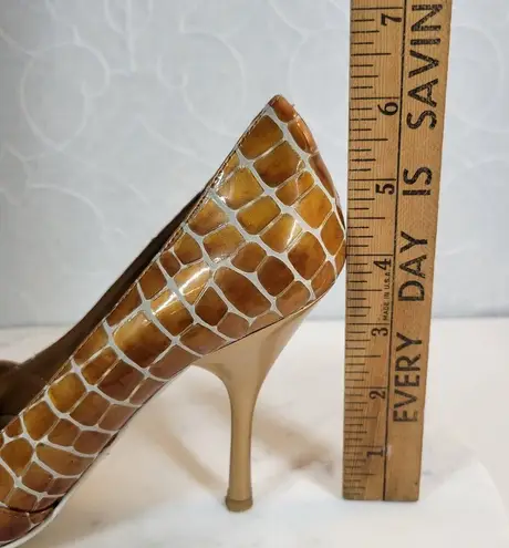 Enzo Angiolini  Womens Shoes 7.5 Orange Leather Giraffe Print Open Toe Pump Heels