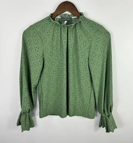 Hudson Gray Blouse Small Green Eyelet Ruffle Cuff Romantic Modest Cottage Fairy