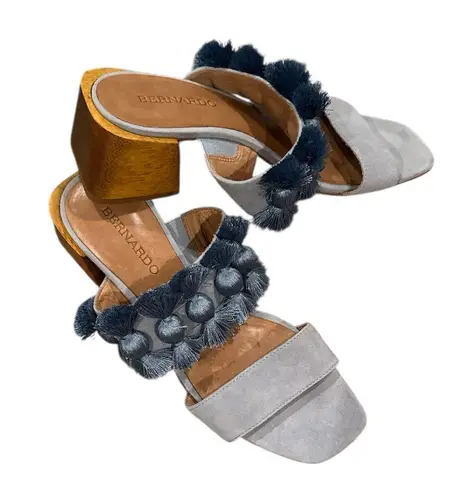 Bernardo Boho Blue Suede Bella Tassel Wooden Block Heel Slipon Sandals Shoes 8