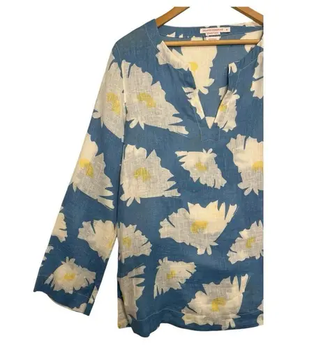 Island Company Top Womens Medium Blue Linen Floral Beach Cottage Coastal Boho