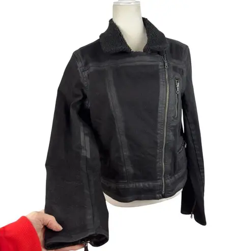 Paige  Sydney Moto Jacket Night Flight Sherpa Coated Black Stretch Denim Large