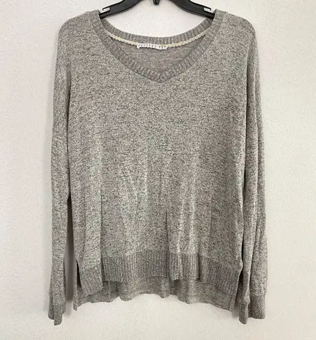 Potters Pot Gray Marled V Neck Lace Trim Long Sleeve Soft Knit Sweater Top M Size M