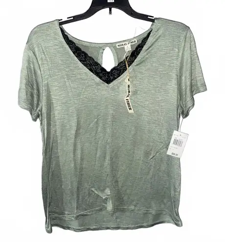 Moral Fiber Green lace V-neck short sleeve top keyhole back slub tee womens L NWT blouse