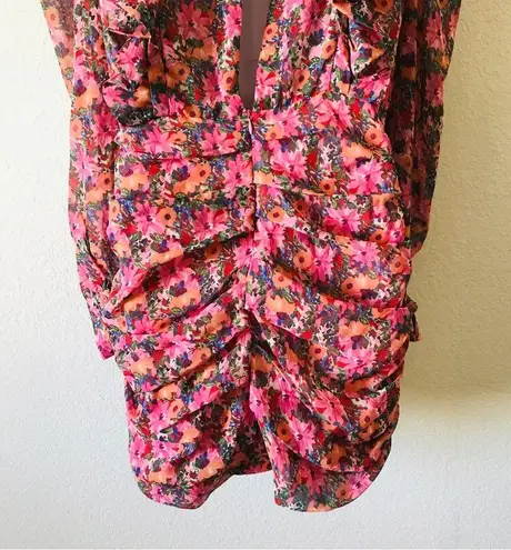 ZARA  Pink Floral‎ Draped Long Puff Sleeve Ruffle Mini Dress Size M Blogger Fav