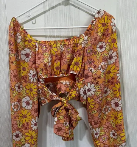 Madden NYC Floral Crop Top Yellow Orange White Back Tie Boho Summer LS Size M Size M