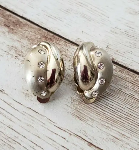 Vintage Clip On Earrings Matte Gold Tone & Mirrored Gold Tone with Clear Gems