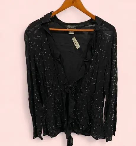 Gorgeous NWT y2k Ghost London silky sequin ruffle tie front babydoll wrap top Black Size L - Image 2