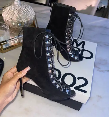 Balmain Black Lace Up Peep-Toe Suede Stiletto Booties
