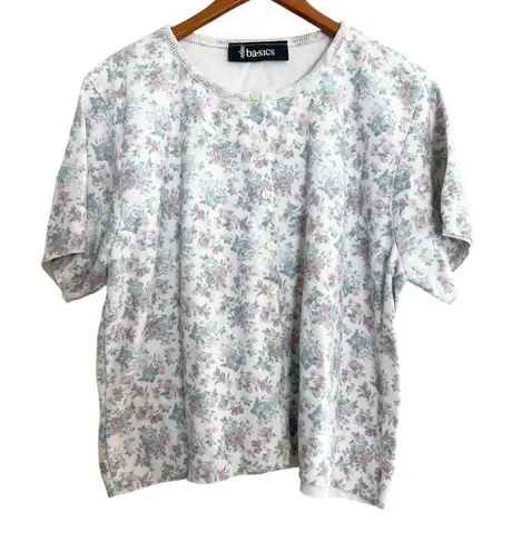 Stefano Basics Floral Knit Top Button Front Short Sleeve Cottagecore 22