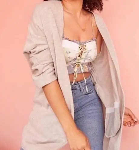 Donni Draped Cardigan Ribbed Sweater Duster Tan Taupe Size M