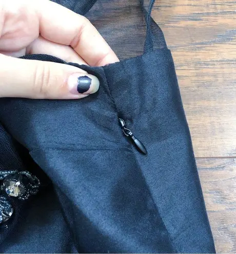 Pearl • black beaded mini dress sheer illusion Marchesa silk cocktail shift Size 2