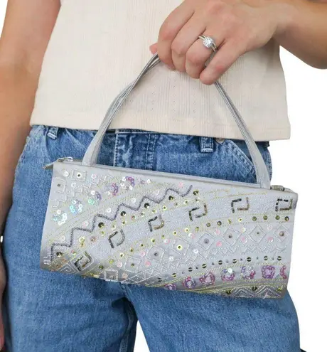 Vintage 90s Metallic Silver Beaded Sequin Mini Bag