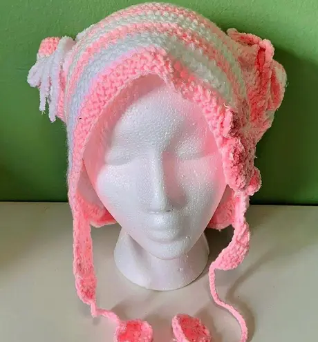 Handmade Pink & White Striped Crochet Cat Ear Bonnet