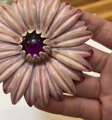 Large Vintage Statement Enameled Metal Flower Brooch Pin Pink Enamel