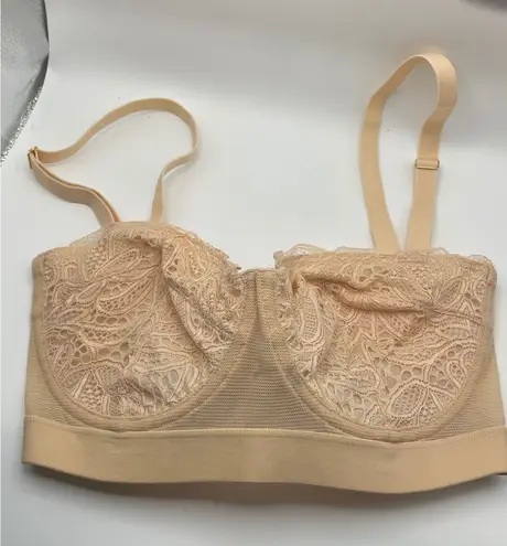 Sheer Lace Longline Bralette Beige Unlined Underwire Cups Adjustable 32DDD Straps Tan Size undefined