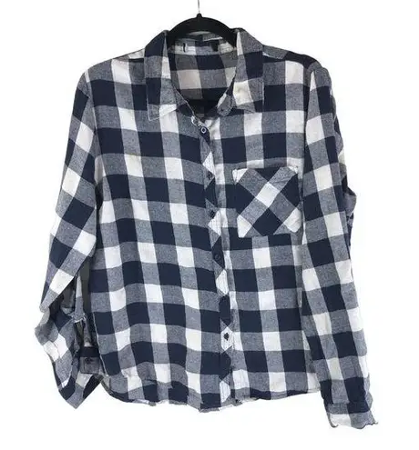 Atmosphere Womens Flannel Shirt Button Down Plaid Pocket White Blue 10