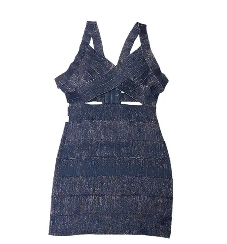 Wow Couture Metallic Sparkly Cut Out Caged Strappy Mini Dress Black Gold Large