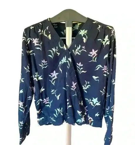 Duluth Trading Womens Floral wrap top Shirt Navy Size Small S