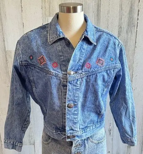 Vintage Nuovo Embroidered Denim Jacket Southwestern 100% Cotton medium boho Blue