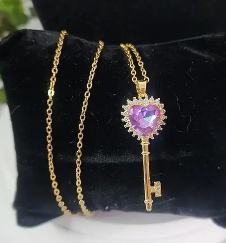 Gold Chain Necklace with AB CZ Purple Heart Key Pendant