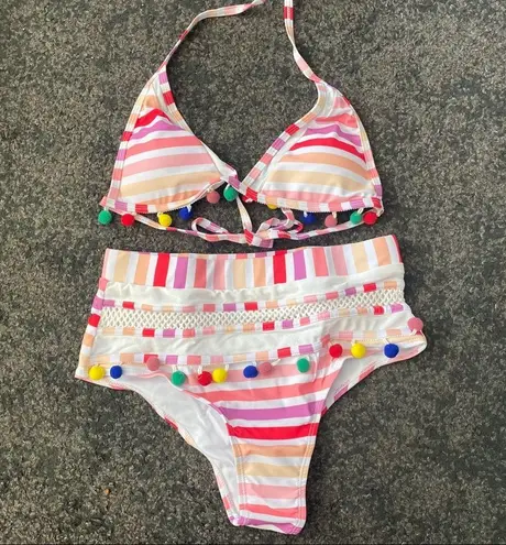 Boutique colorful striped Pom Pom high waist swimsuits