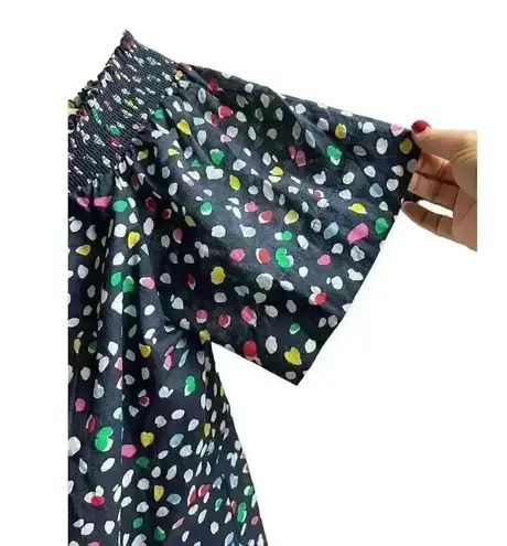 J.Crew  Navy Blue Multi Confetti Ratti Happy Cat Print Off the Shoulder Top 8