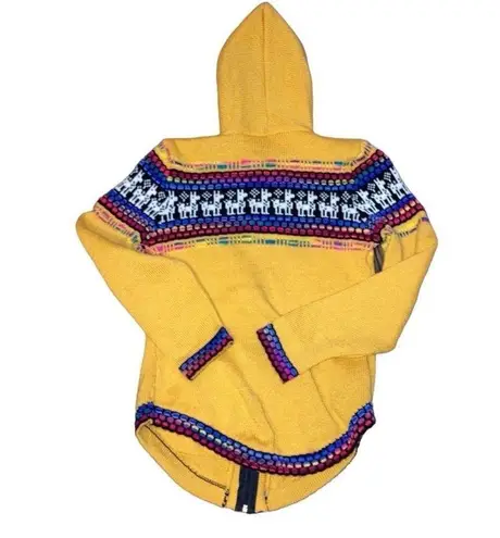 Vtg Y2K Handmade Sz Small Full Zip Hooded Mexican Poncho Boho Sweater Multicolor Yellow
