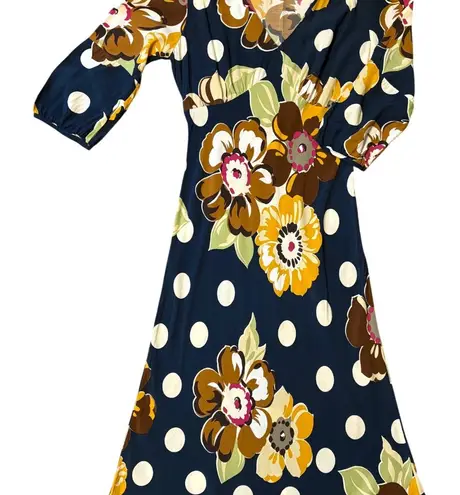 Boden 8L 12L UK Tea Dress Midi Empire Waist V Neck Bias Cut Blue Floral Retro Size 8