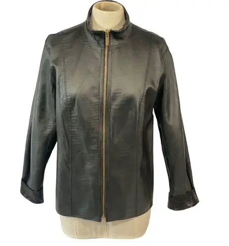 Reversible Faux Black Leather Moto & Animal Print Lightweight Jacket Black Size M