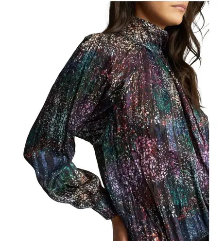 Reiss  Darcey High Neck Pleated Metallic Long Sleeve Evening Blouse Size 4