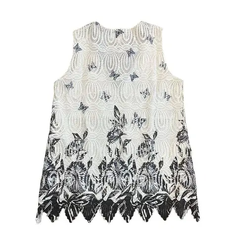 Kamana Butterfly Lace Sleeveless Tunic Blouse Lace Up Neck White Black Size M Size M