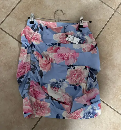 EXPRESS High Waisted Ruched Floral Mini Skirt 