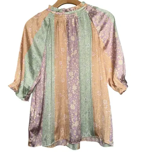 Current Air Anthropologie M Pink Pastel Floral Short Tiered Tie Neck Top Blouse