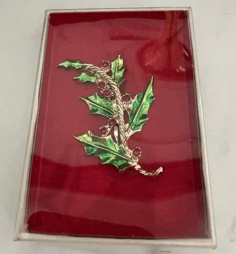 Vintage Holly Berry 1950's Christmas Brooch Pin Gold Tone Red Rhinestones