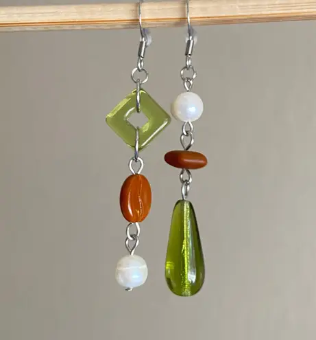 Handmade boho vintage aesthetic fairy chic style Czech glass beads mix pearl asymmetric dangle earrings🍃🌙🌳🫒🌀