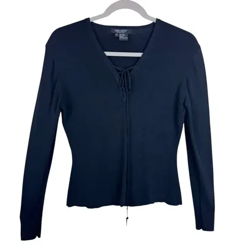 Karen Kane Y2K Black Tight Knit Long Sleeve V-Neck Tie Neckline Sweater Size XL