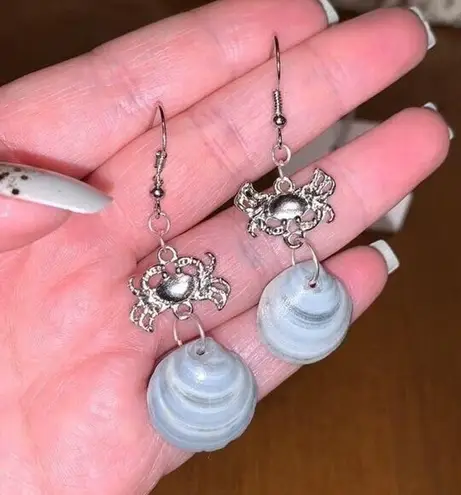 Handmade Dangle Earrings Genuine Handcrafted Seashell Crab Shades of Blue Gray Coastal