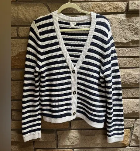 J.Crew  Striped knit V-neck cardigan sweater Cotton Blue White Large coastal