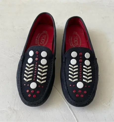 Tod's Gommini Embellished Suede Loafer Dark Navy Red Size 35