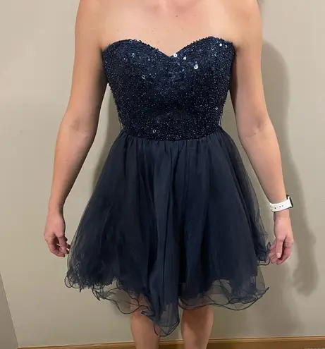 Sean Collection Strapless Sweetheart Cut Crystal Short Ruffle Homecoming Dress